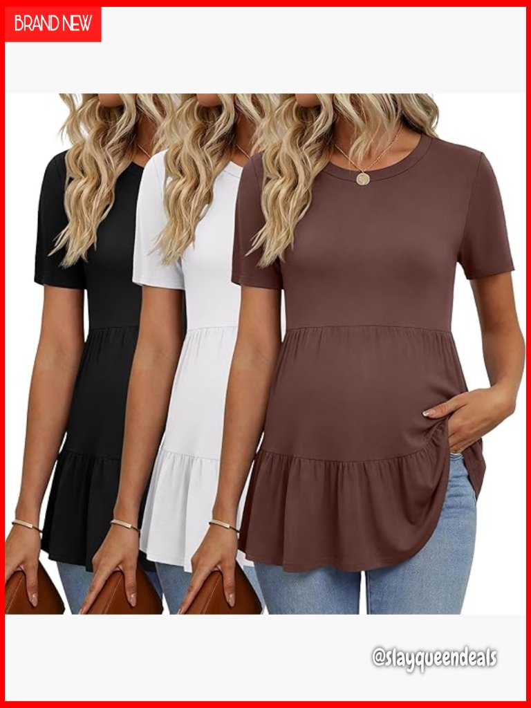 Short Sleeve Ruffle Peplum Maternity Tops 3 Pack